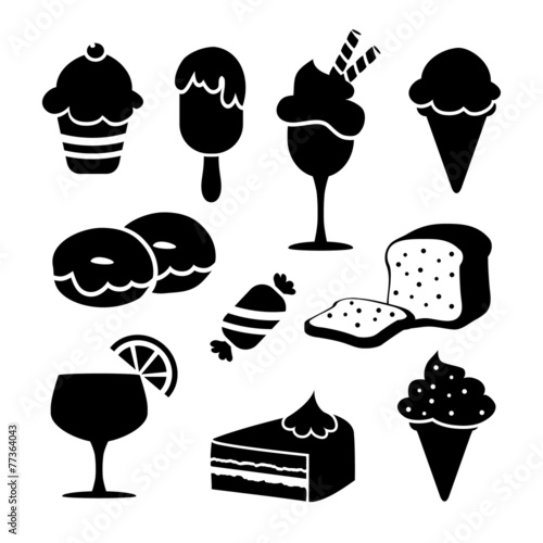 Set of black isolated food icons, desserts, ice creams, vector