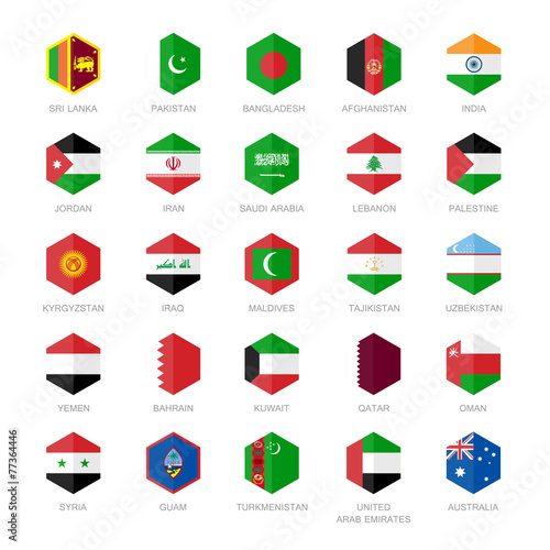 Asia middle east and south Asia Flag Icons. Hexagon Flat Design.