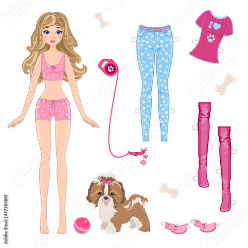 Paper doll with clothes and dog
