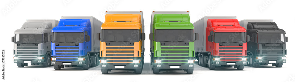 six colorful cargo trucks parked in a row six colorful cargo trucks parked in a row