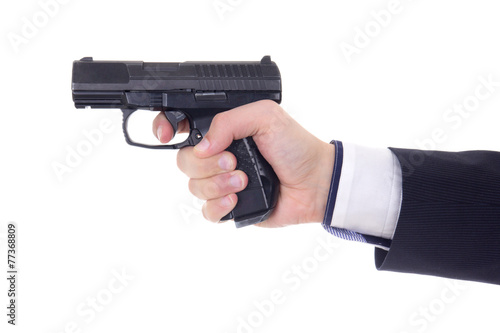 male hand with gun isolated on white