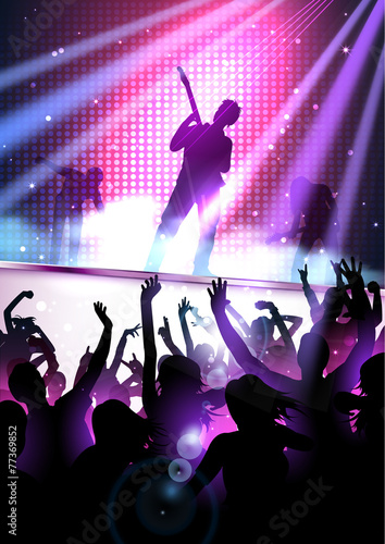 Rock concert party background with silhouettes of dancing people
