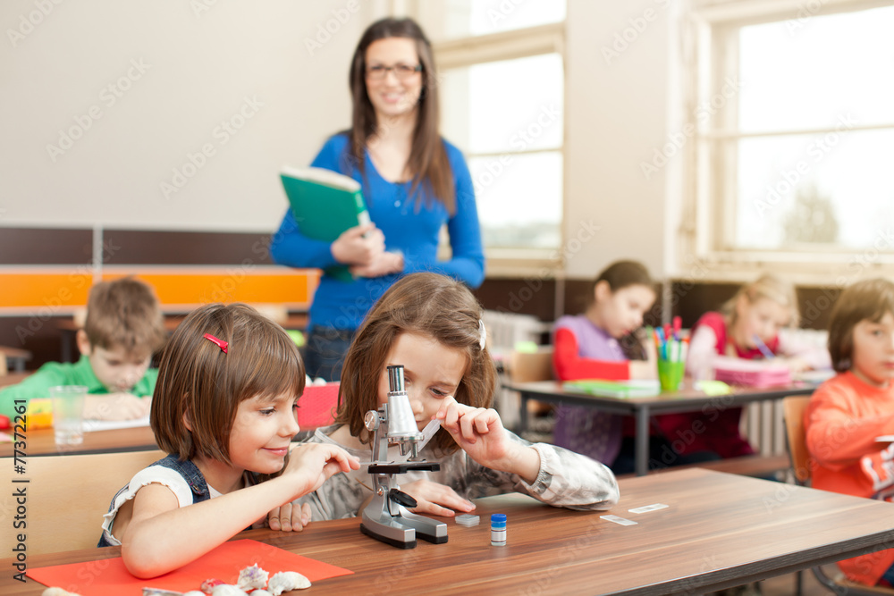 Children in elementary school working with teacher