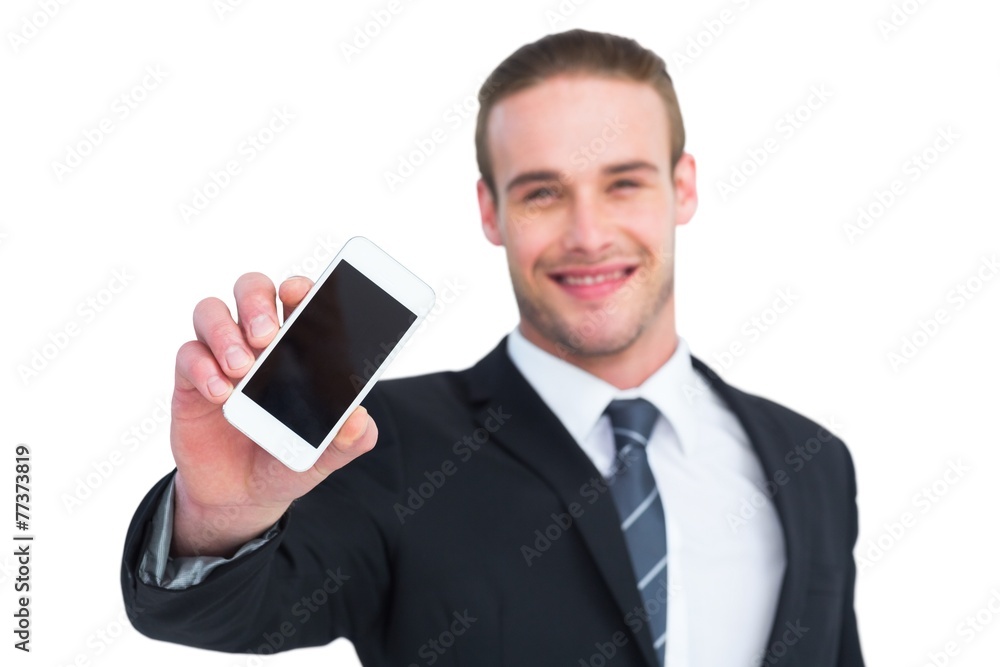 Smiling businessman showing his smartphone screen Smiling businessman showing his smartphone screen