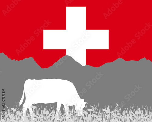 Kuh Alm und Schweizerfahne