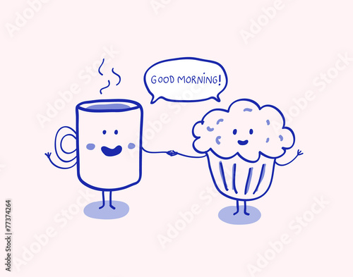 Good Morning, cup of coffee and muffin vector illustration