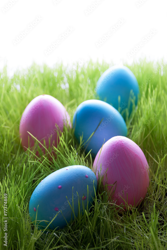 Many Pink And Blue Easter Eggs On Green Grass