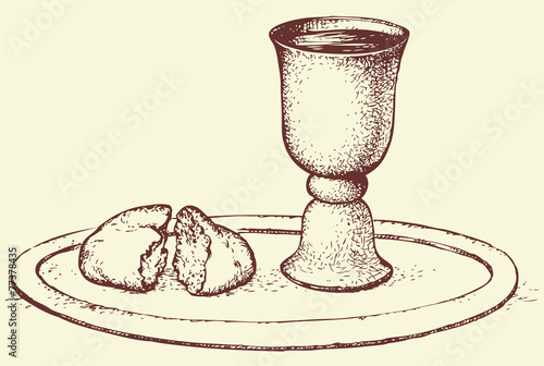 Vector symbol of Communion: bread and wine in bowl