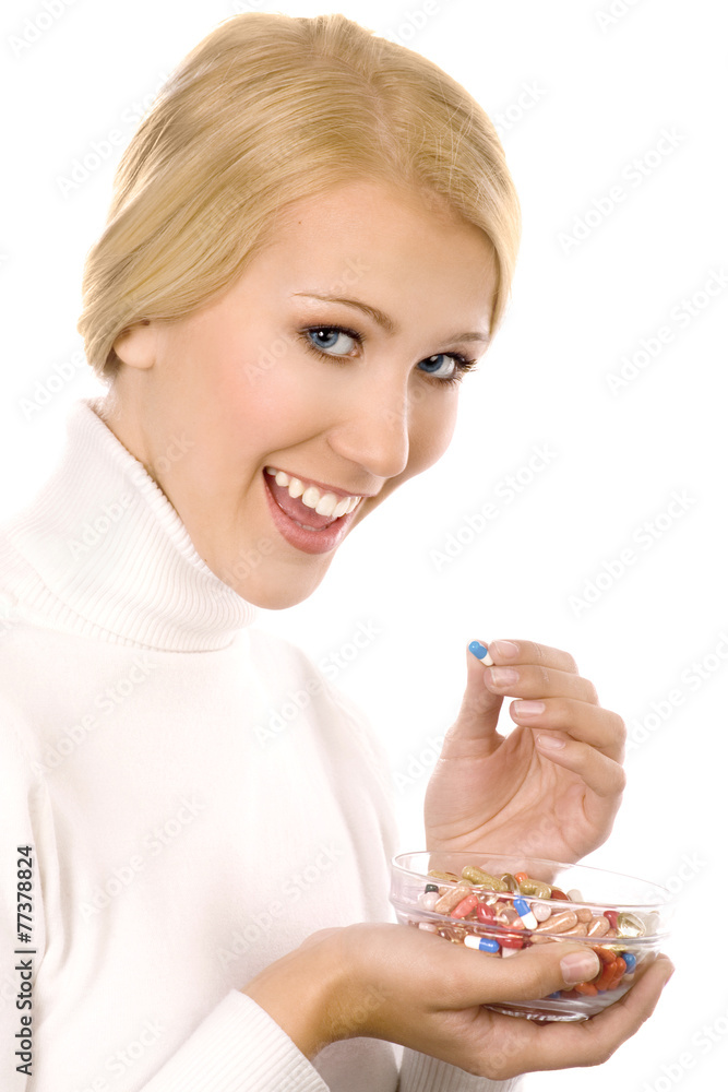 Smiling Beautiful Young Woman Eating Colorful Pills Smiling Beautiful Young Woman Eating Colorful Pills