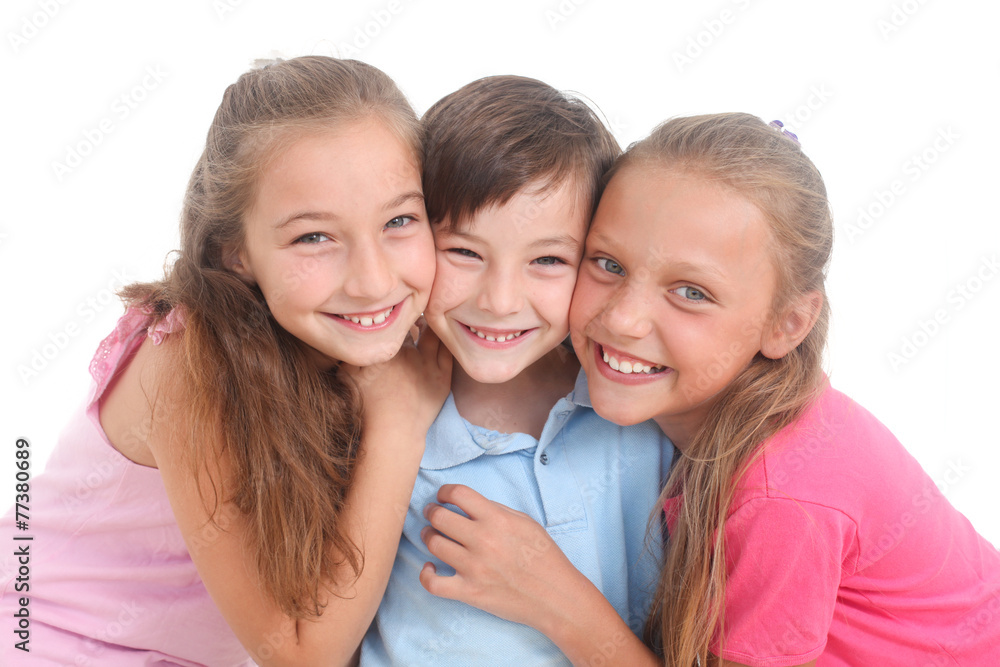 portrait of three happy kids on white background portrait of three happy kids on white background
