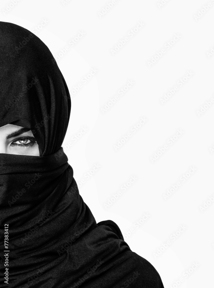 Half girl wearing a burqa black and white Half girl wearing a burqa black and white