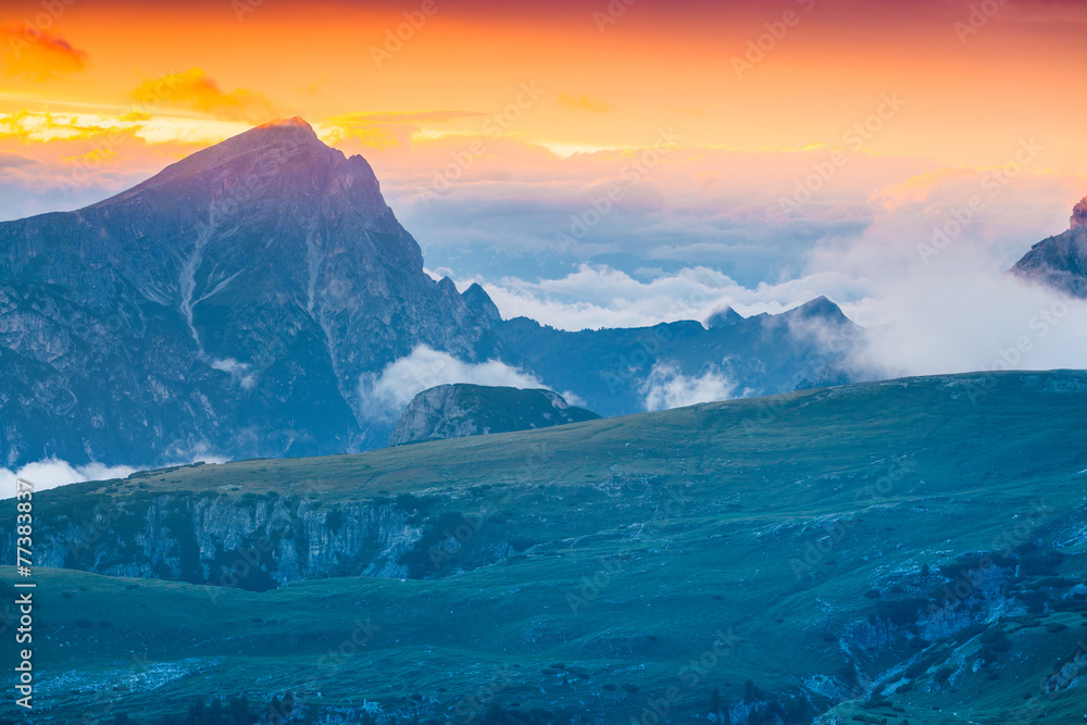 Colorful sunrise on the Seekofel mountain range