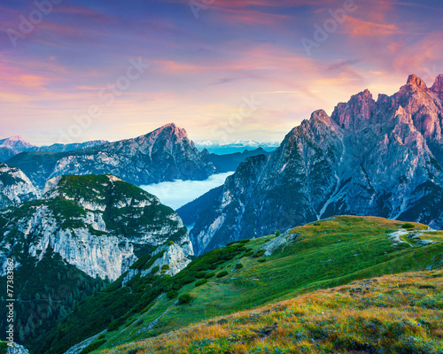Colorful sunrise on the Seekofel mountain range
