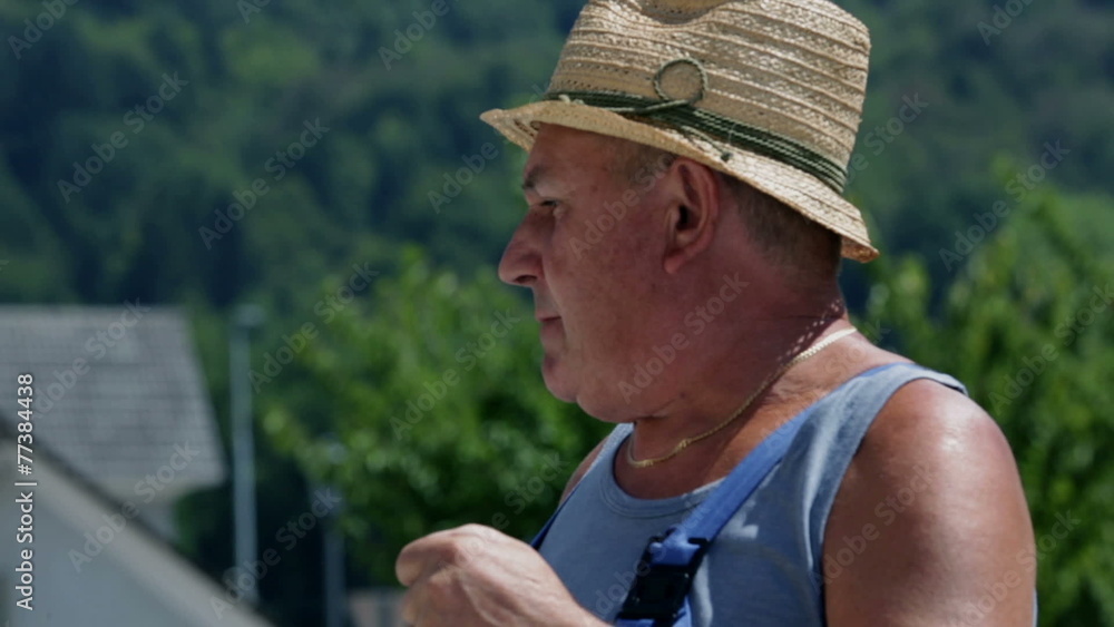 Man with a straw hat talking