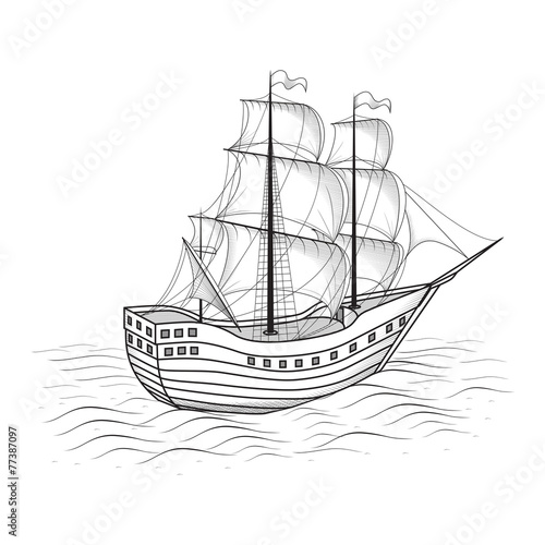 old ship with sails and the sea