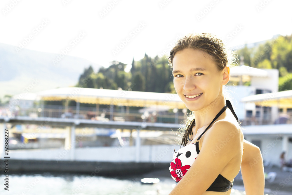girl on a background of sea landscape