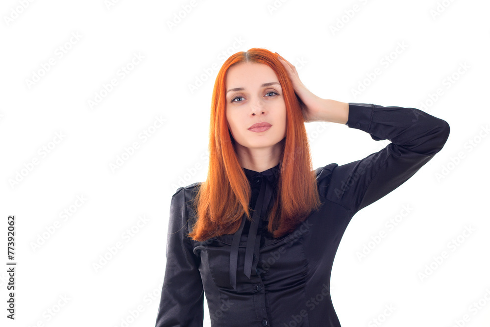 portrait of redhead woman touching hand to the head portrait of redhead woman touching hand to the head