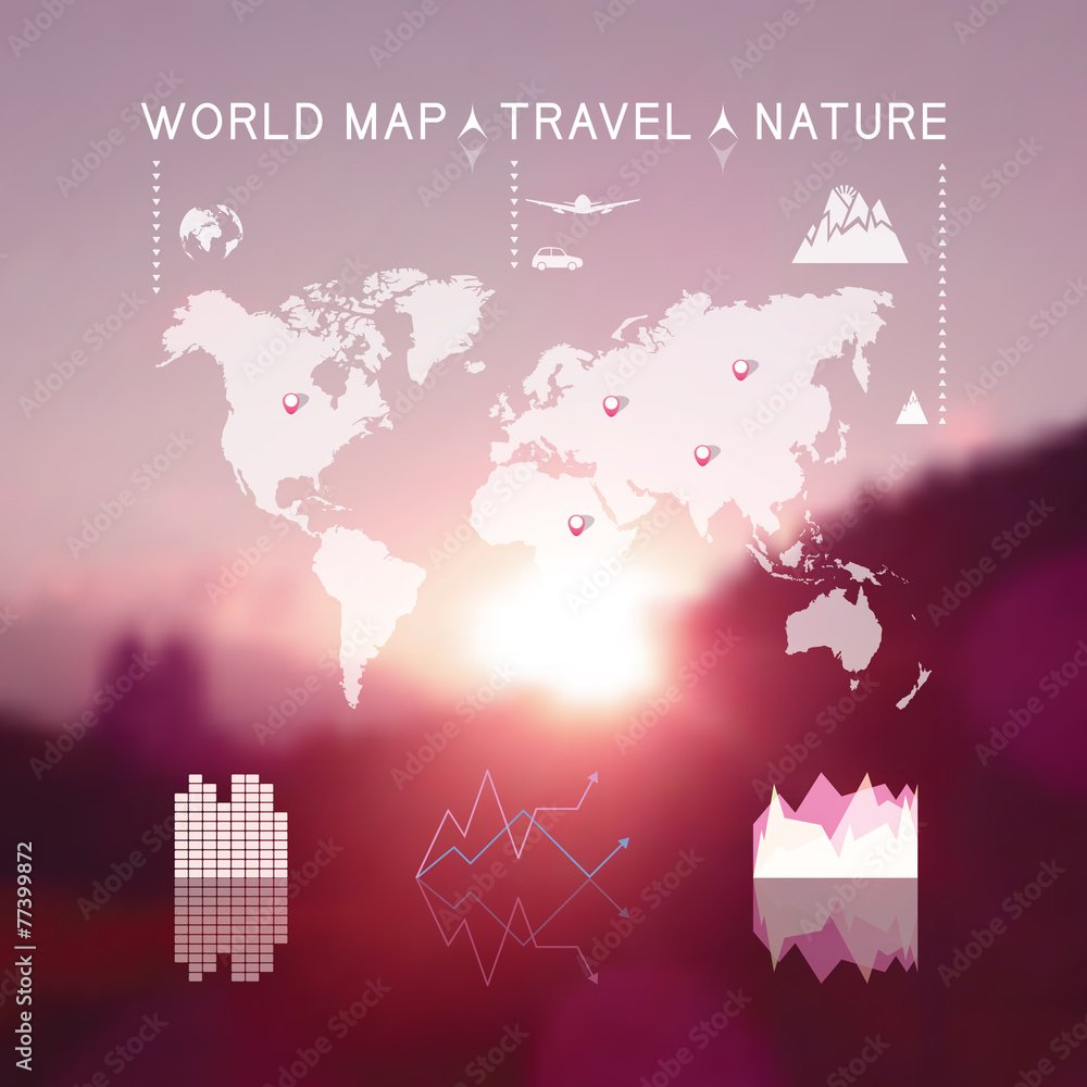 Beautiful blurred natural landscape with travel info graphic ele