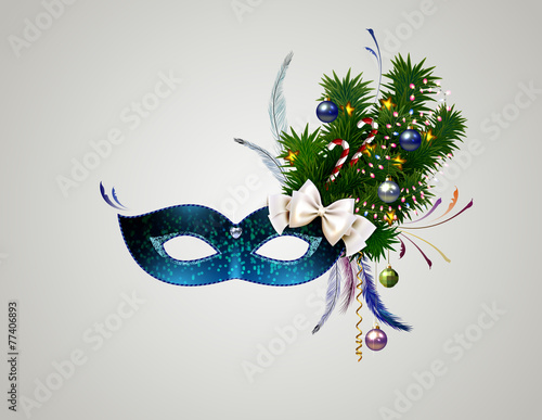 theatrical mask with christmas decorated branch