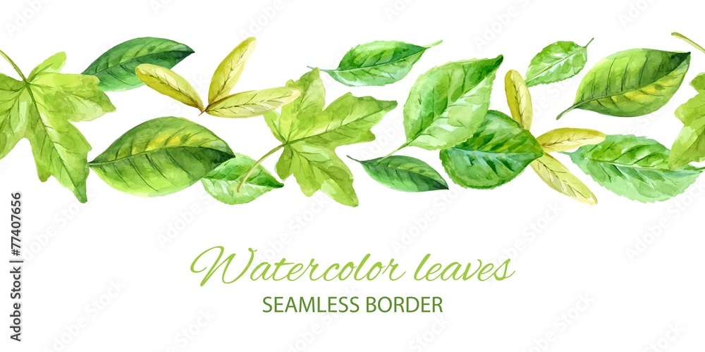 Horizontal seamless background with green leaves. watercolor