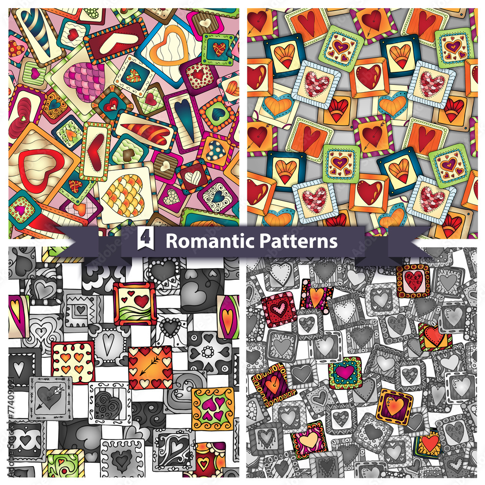 Set of romantic patterns with doodle hearts.