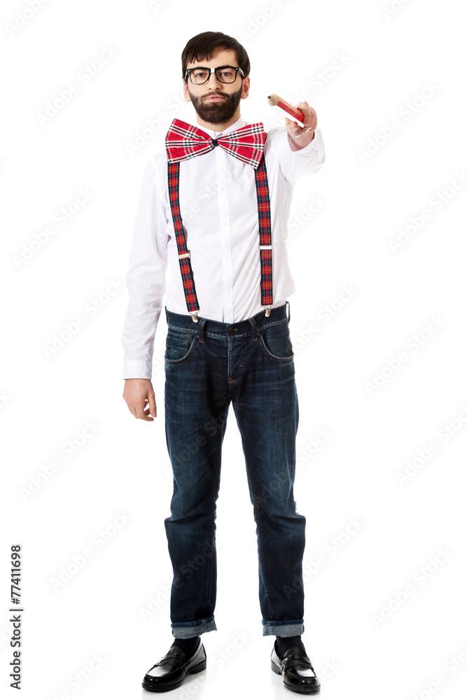 Old fashioned man pointing with big pencil. Old fashioned man pointing with big pencil.