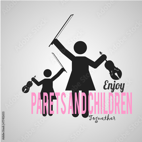 mother and daugther with violin over gray color background
