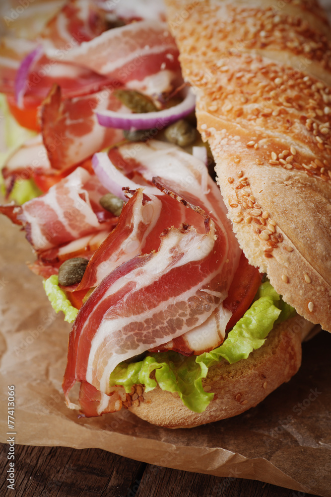 Submarine sandwich with bacon