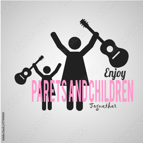 mother  and daugther with guitar over gray color background