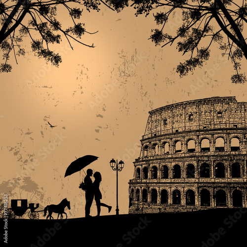 Couple silhouette in love in front of Colosseum