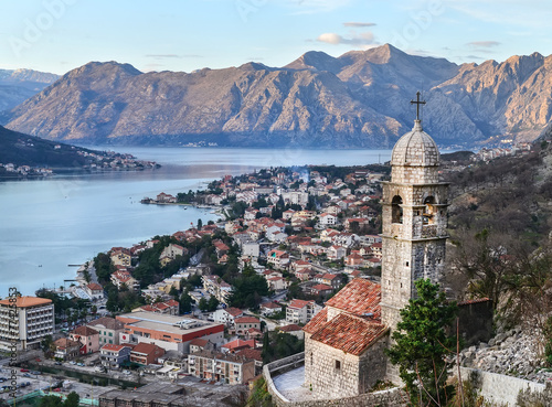 The view over Kotor, Montenegro, the old church, the bay and the