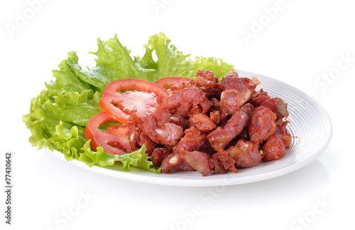 Thai food.Fried pork and vegetable on white background