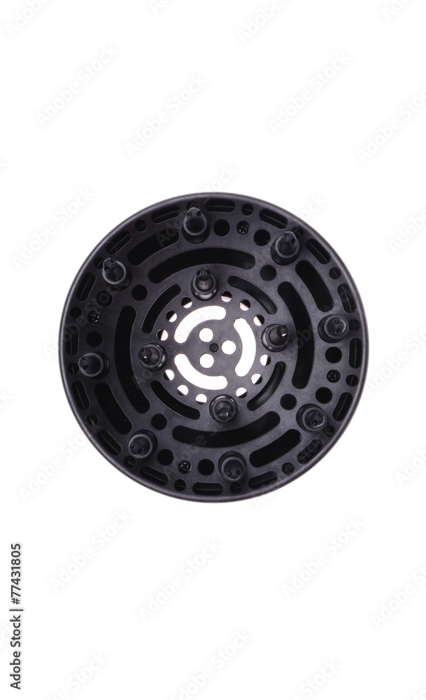 Obraz premium Close-up of a black hairdryer diffuser, isolated on white background