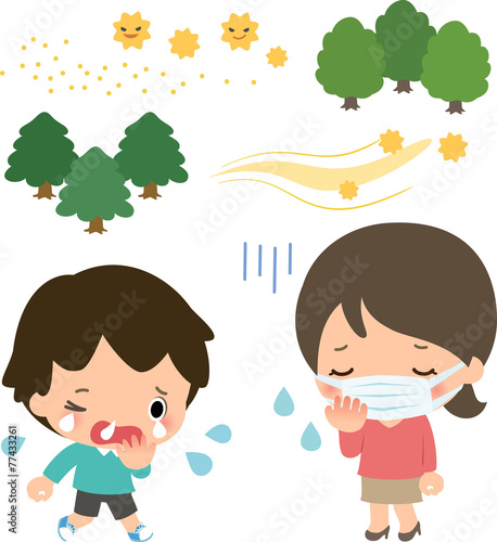 花粉症の患者と花粉を飛ばす木
