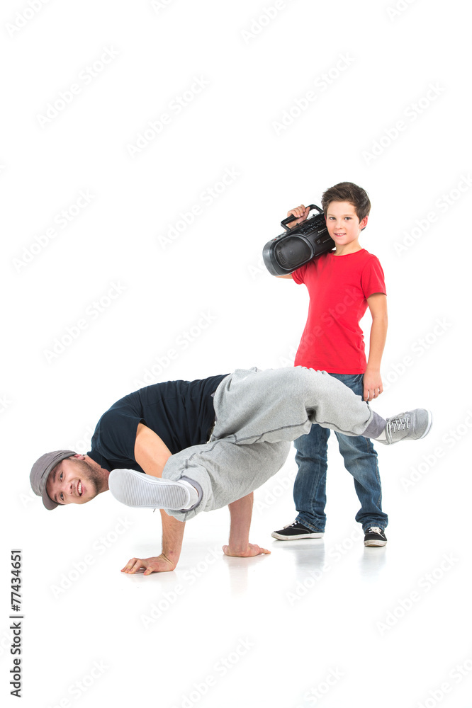 Two hip hop dancers isolated on white background.