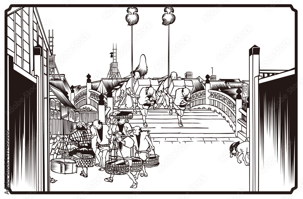 歌川広重 東海道五拾三次 日本橋 朝之景イメージイラスト Stock Vector Adobe Stock