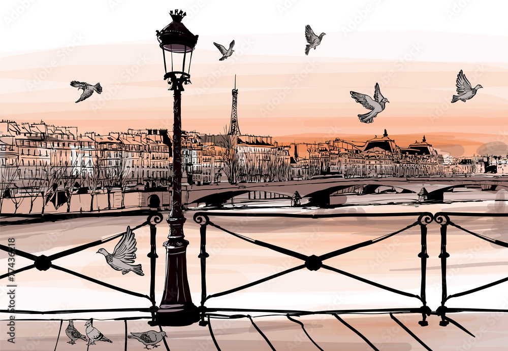 Sunset on Seine river from Pont des arts in Paris - obrazy, fototapety, plakaty 