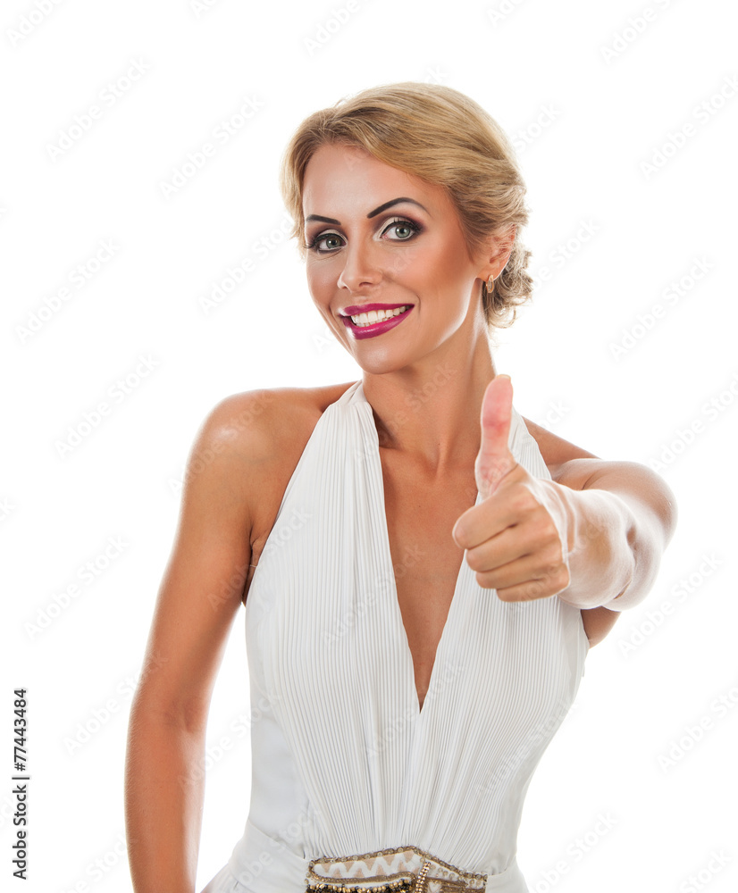 Smiling woman showing tumb sign Smiling woman showing tumb sign