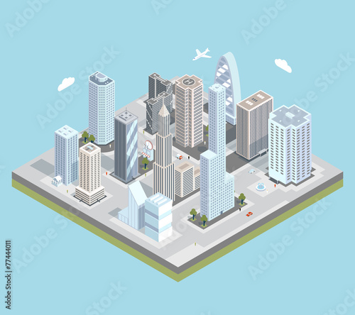 Vector isometric urban city center map with buildings  shops and