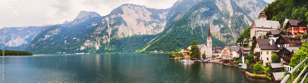 Panoramic view of Hallstatt from lake Hallstater See, Austria Panoramic view of Hallstatt from lake Hallstater See, Austria