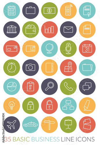 Basic business line icons in colored circles vector