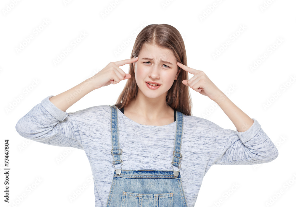 Young fashion girl in jeans overalls making crazy gesture isolat Young fashion girl in jeans overalls making crazy gesture isolat