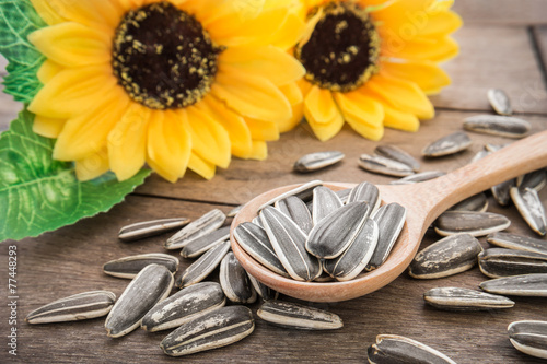 Sunflower seed on wooden spoon