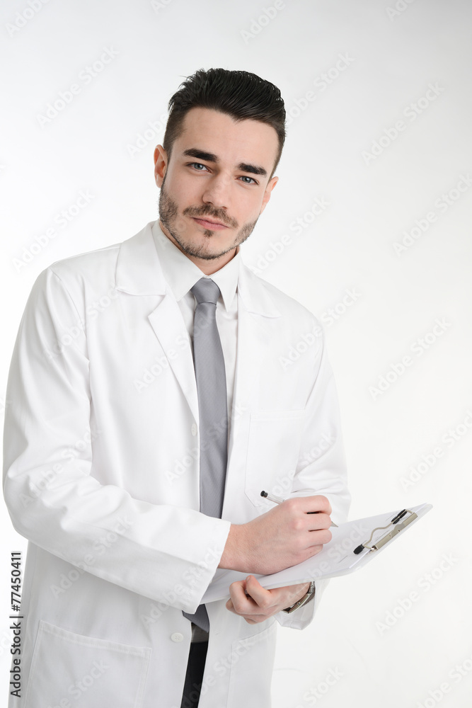 isolated young business man on a white overall coat isolated young business man on a white overall coat