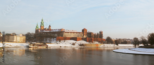 View of Wawel castle, Vistula River, Krakow, winter, panorama