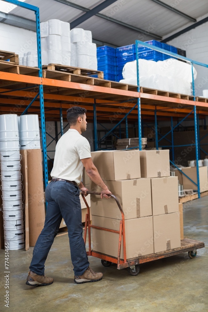 Worker pushing trolley with boxes Worker pushing trolley with boxes