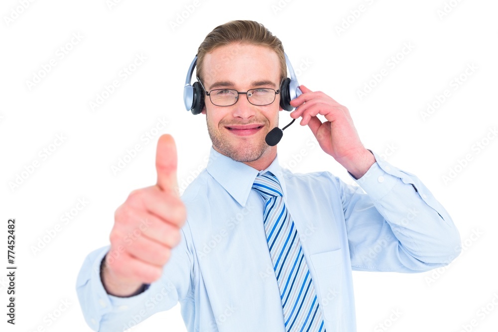 Positive businessman with headset end thumb up Positive businessman with headset end thumb up
