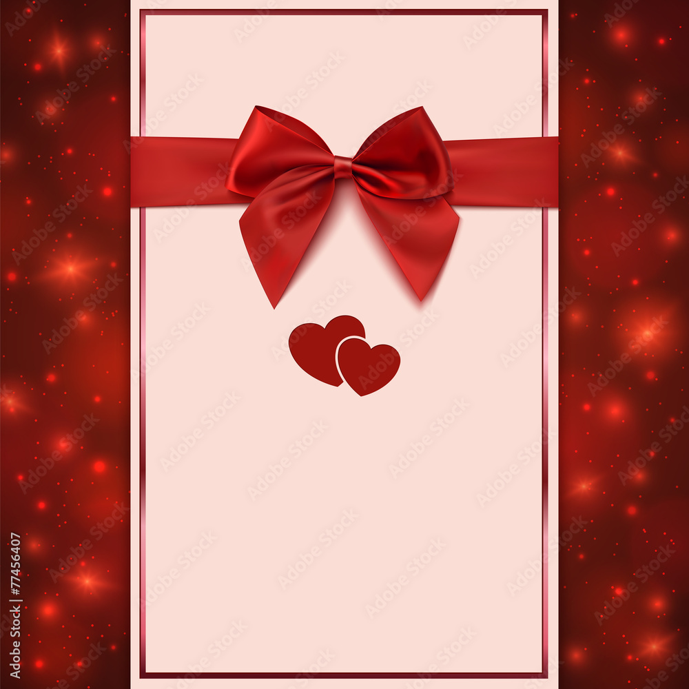 Greeting card template with red bow, ribbon and two hearts Greeting card template with red bow, ribbon and two hearts
