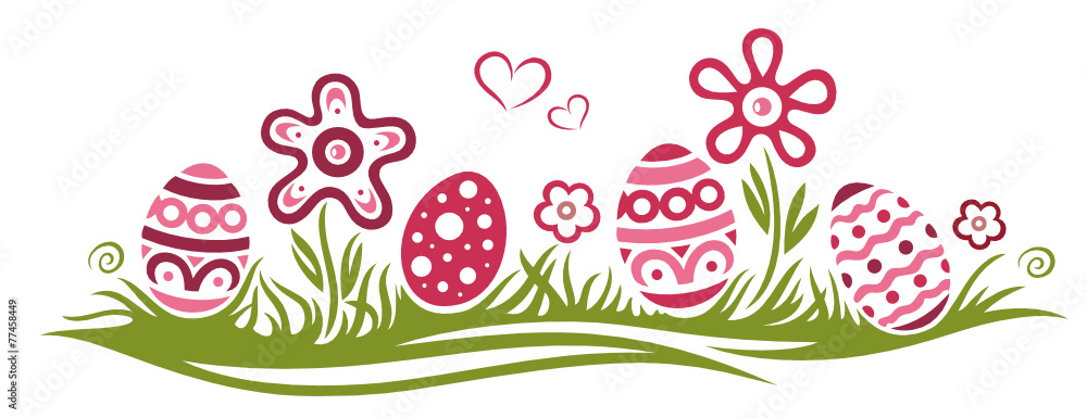 Bunte Ostereier auf einer Blumenwiese. Ostern, Frühling. - obrazy, fototapety, plakaty 