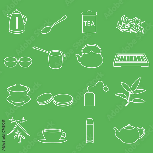 white tea outline icons on green background eps10